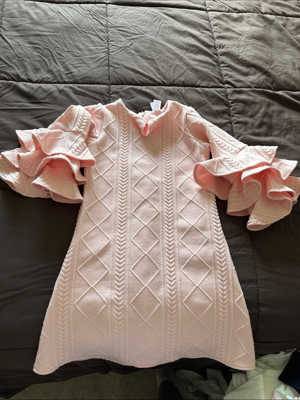 Girls Light Pink Textured Knit Dress with Ruffle Sleeves